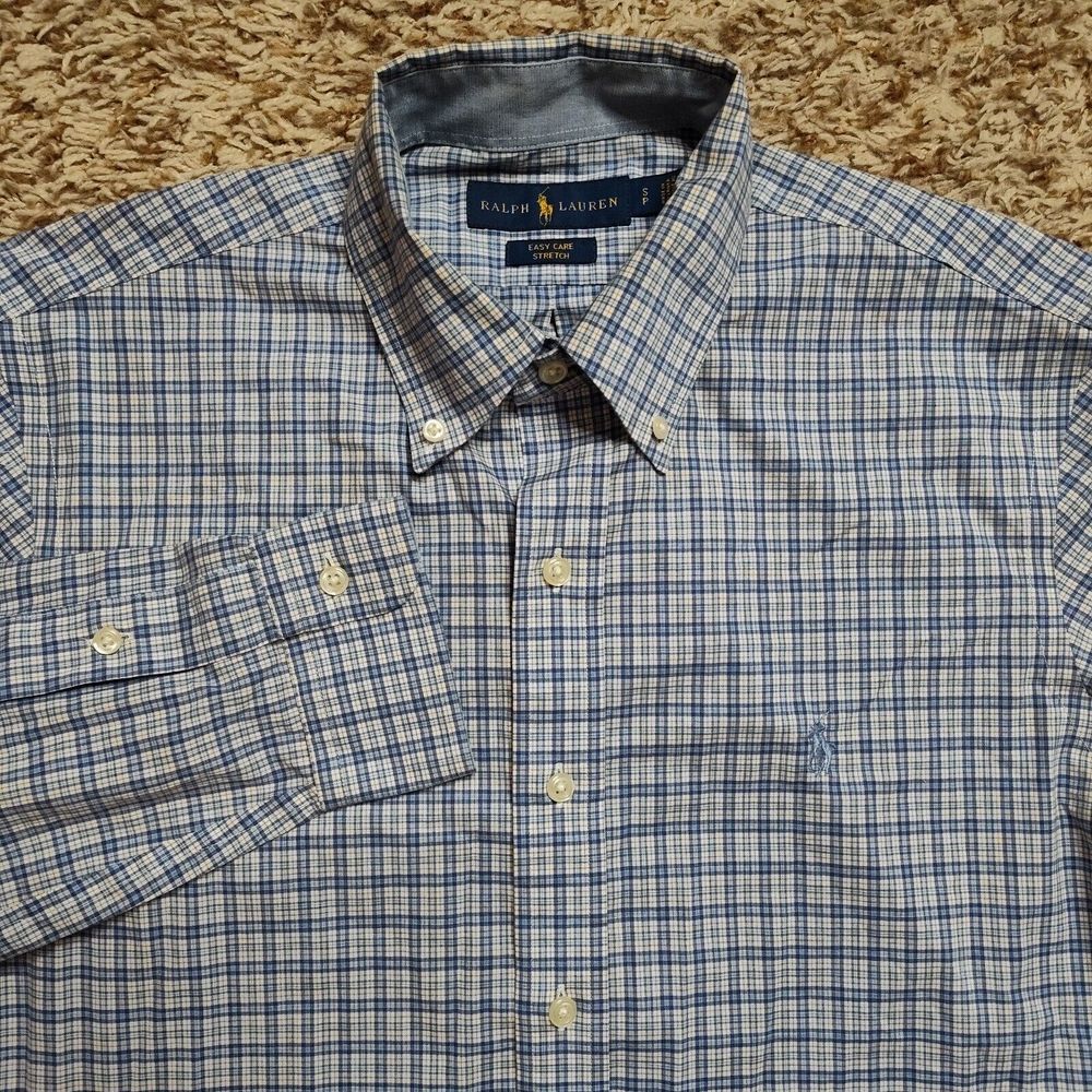 Ralph Lauren Blue Plaid Men Sz S Stretch Oxford Long Sleeve Button Up Shirt